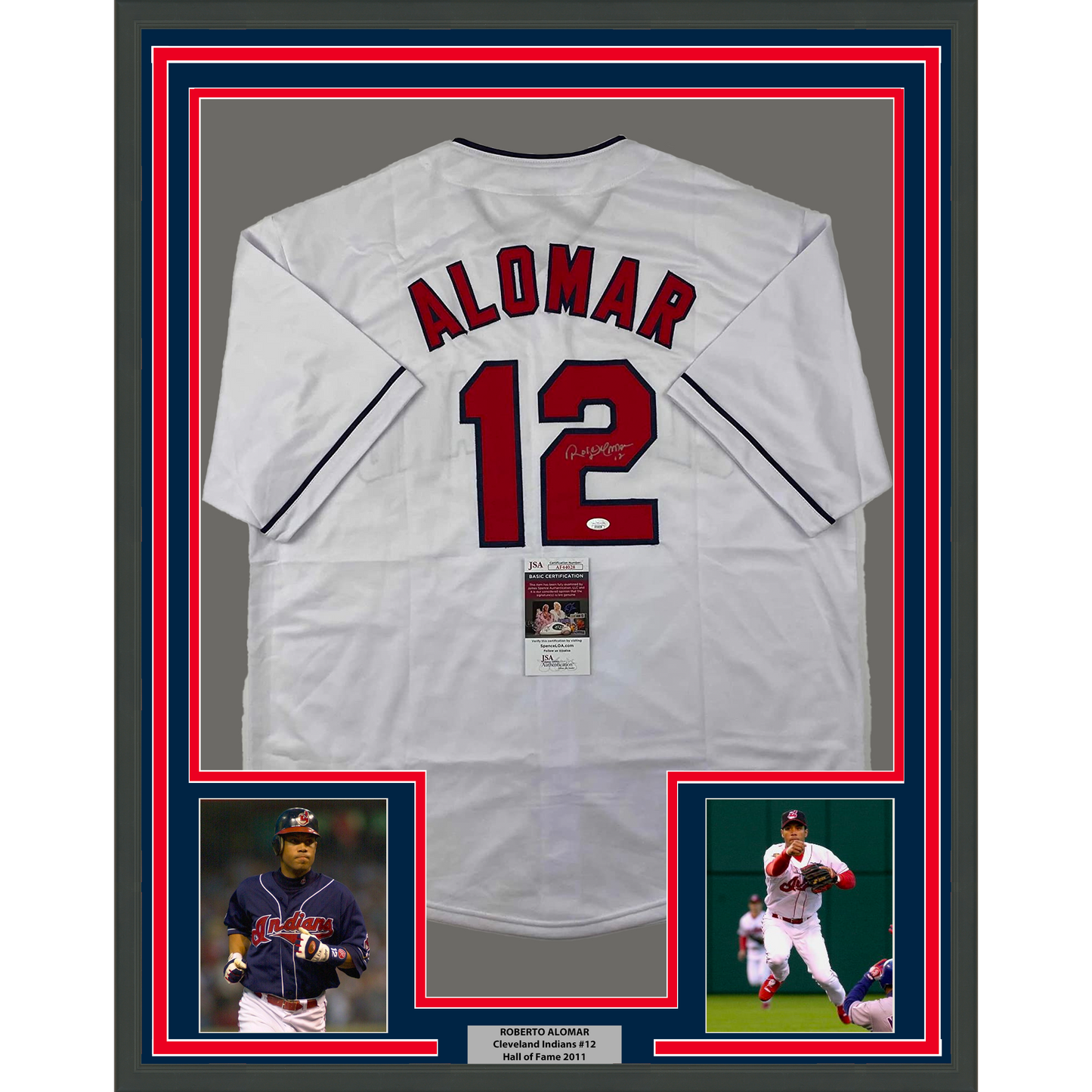 Framed Autographed/Signed Roberto Alomar 35x39 Cleveland White Baseball Jersey JSA COA