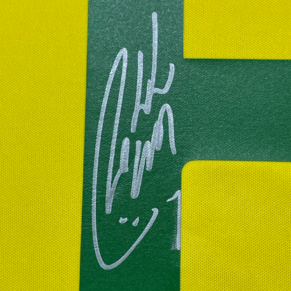 Framed Autographed/Signed Roberto Carlos 35x39 Brazil Yellow Soccer Jersey Beckett BAS COA