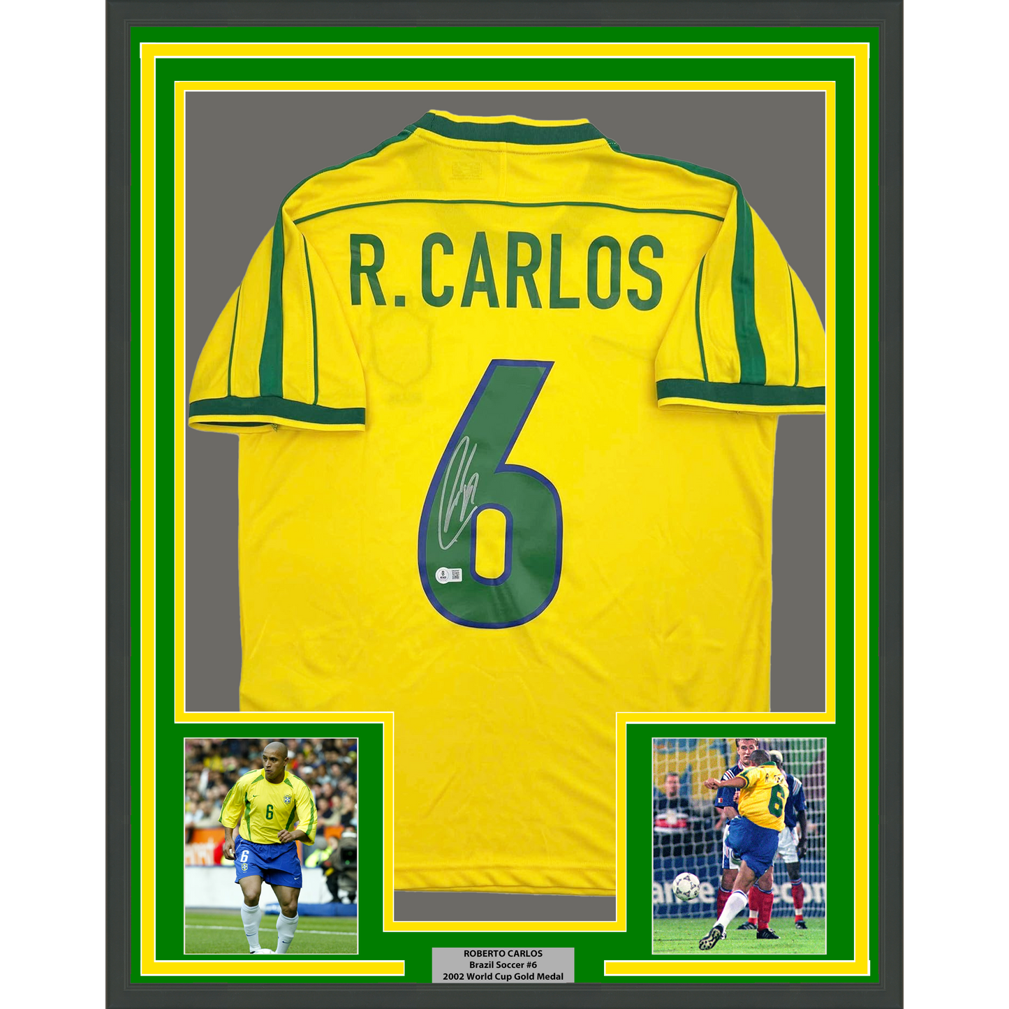Framed Autographed/Signed Roberto Carlos 35x39 Brazil Yellow Soccer Jersey Beckett BAS COA