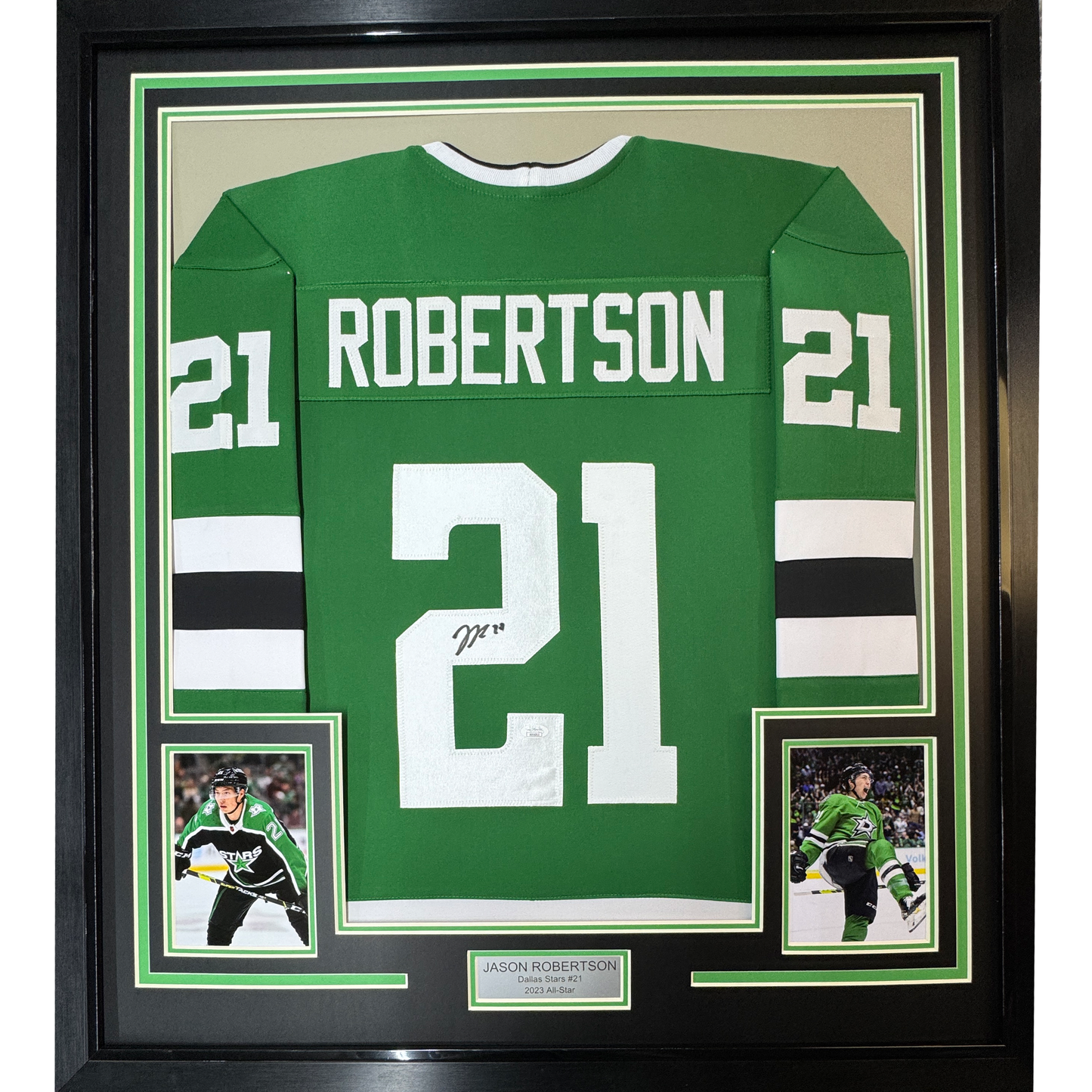 Framed Autographed/Signed Jason Robertson 35x39 Dallas Green Hockey Jersey JSA COA