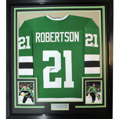 Framed Autographed/Signed Jason Robertson 35x39 Dallas Green Hockey Jersey JSA COA