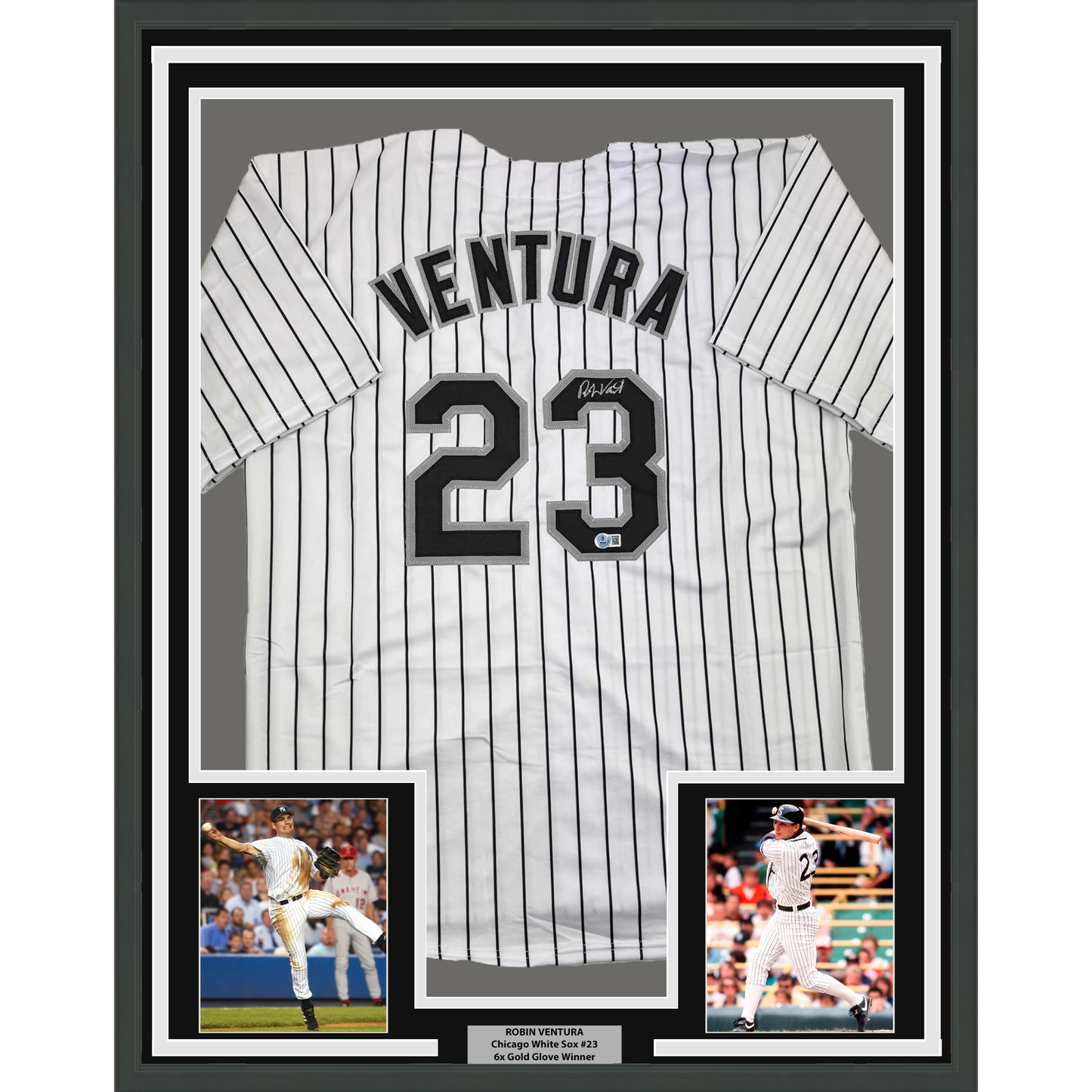Framed Autographed/Signed Robin Ventura 35x39 Chicago Pinstripe Baseball Jersey Beckett BAS COA