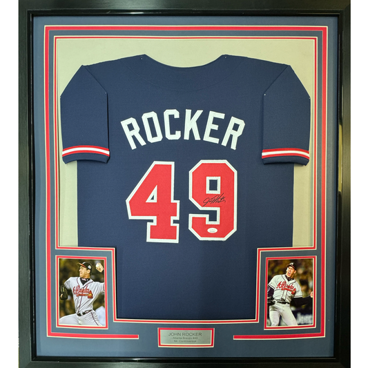 Framed Autographed/Signed John Rocker 35x39 Atlanta Blue Baseball Jersey PSA/DNA COA
