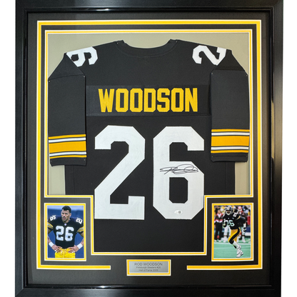 Framed Autographed/Signed Rod Woodson 35x39 Pittsburgh Black Football Jersey JSA COA