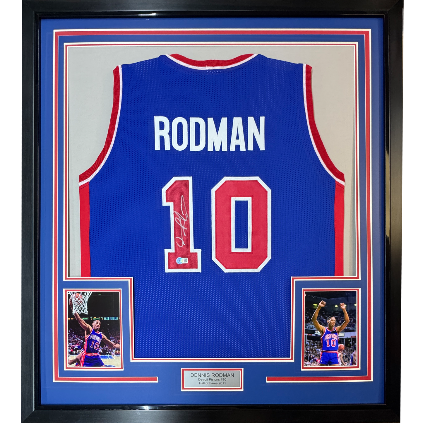 Framed Autographed/Signed Dennis Rodman 35x39 Detroit Blue Basketball Jersey Beckett BAS COA