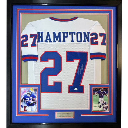 Framed Autographed/Signed Rodney Hampton 35x39 New York White Football Jersey JSA COA