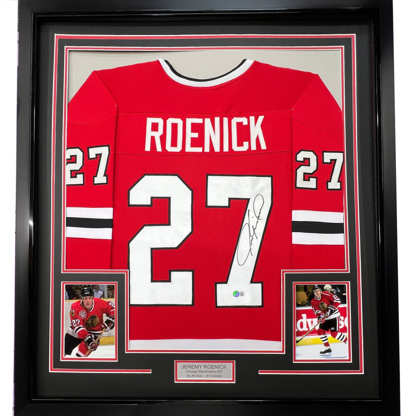 Framed Autographed/Signed Jeremy Roenick 35x39 Chicago Red Hockey Jersey JSA COA