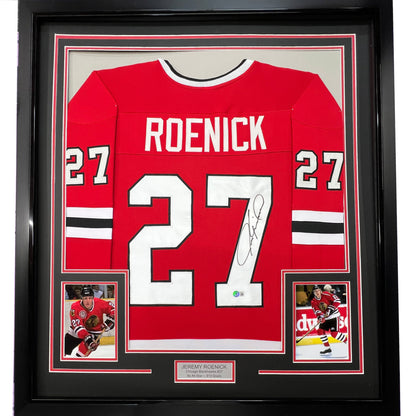 Framed Autographed/Signed Jeremy Roenick 35x39 Chicago Red Hockey Jersey JSA COA