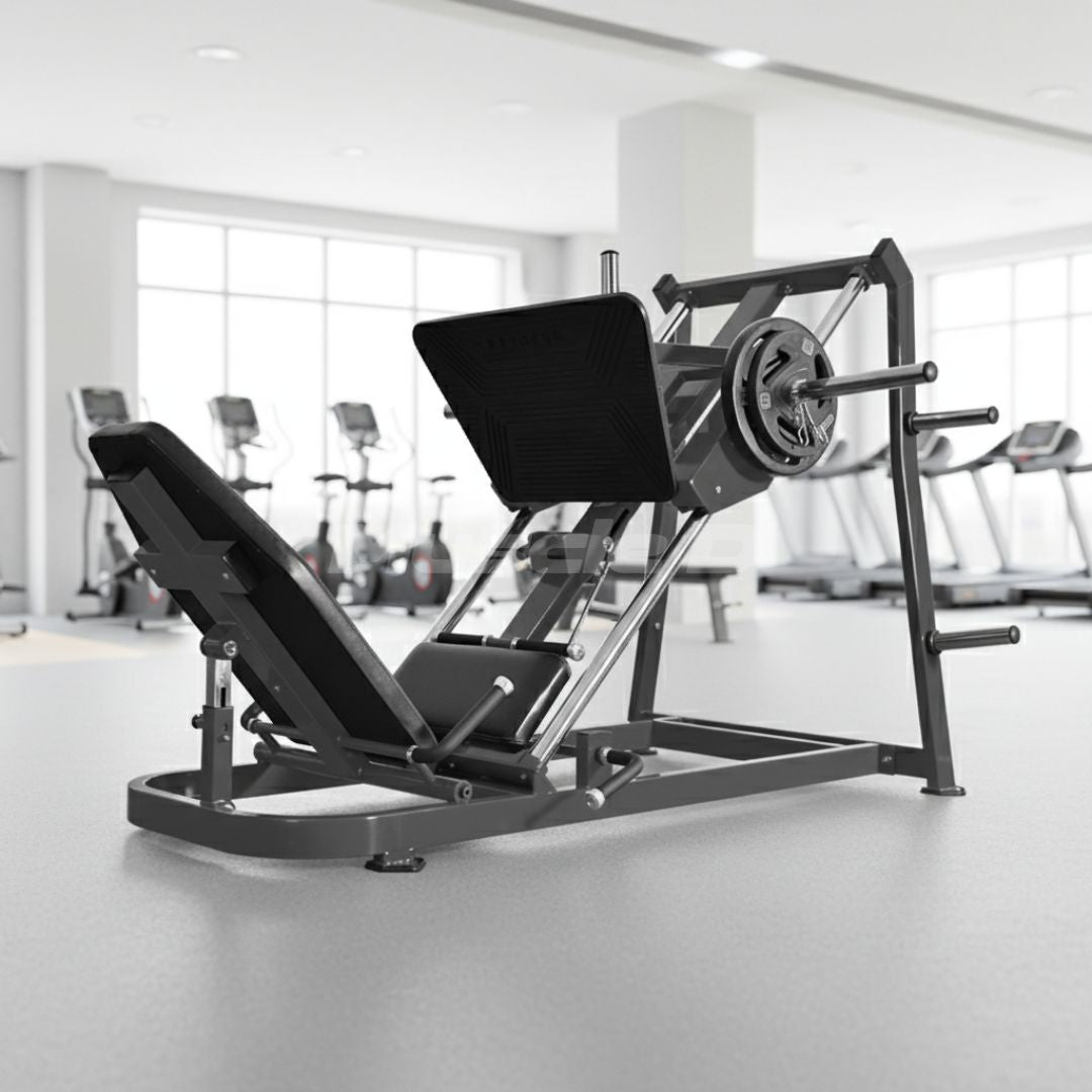 Excel Roller Bearing Leg Press - Muscle D Fitness - Plate Load Leg Press - Weight Storage Pegs - Adjustable Back Pad