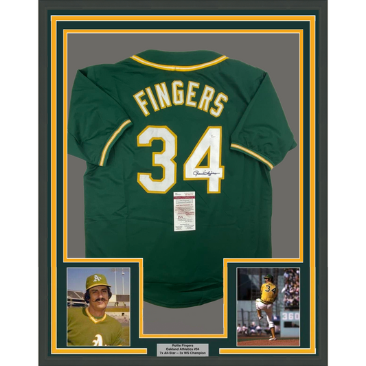 Framed Autographed/Signed Rollie Fingers 35x39 Oakland Green Baseball Jersey JSA COA