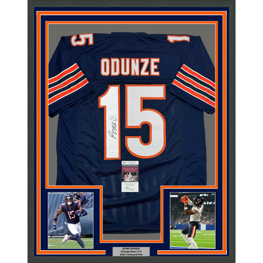Framed Autographed/Signed Rome Odunze 35x39 Chicago Blue Football Jersey JSA COA