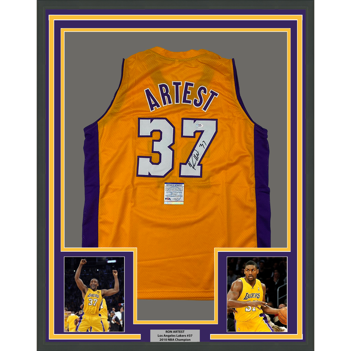 Framed Autographed/Signed Ron Artest 35x39 Los Angeles LA Yellow Basketball Jersey PSA/DNA COA