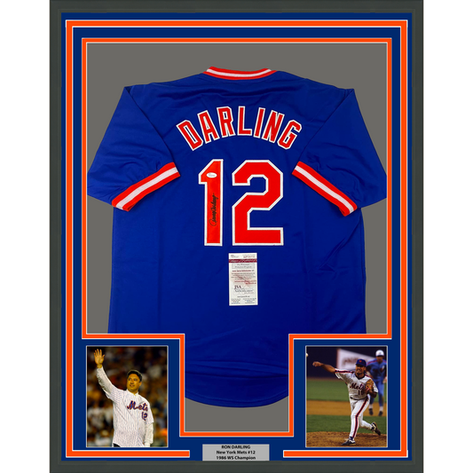 Framed Autographed/Signed Ron Darling 35x39 New York Blue Baseball Jersey JSA COA