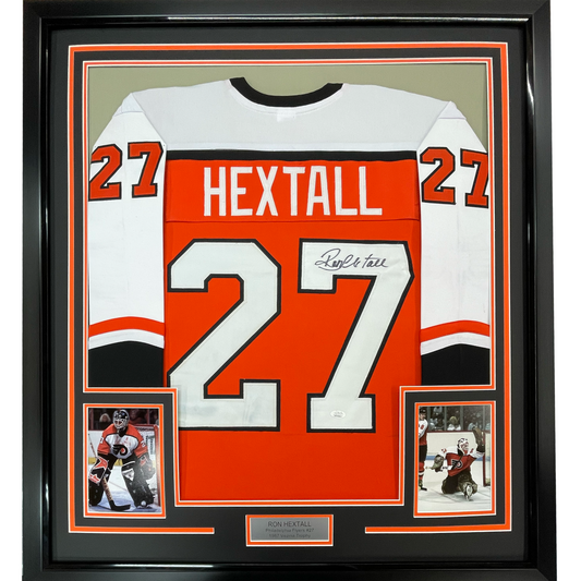 Framed Autographed/Signed Ron Hextall 35x39 Philadelphia Orange Hockey Jersey JSA COA