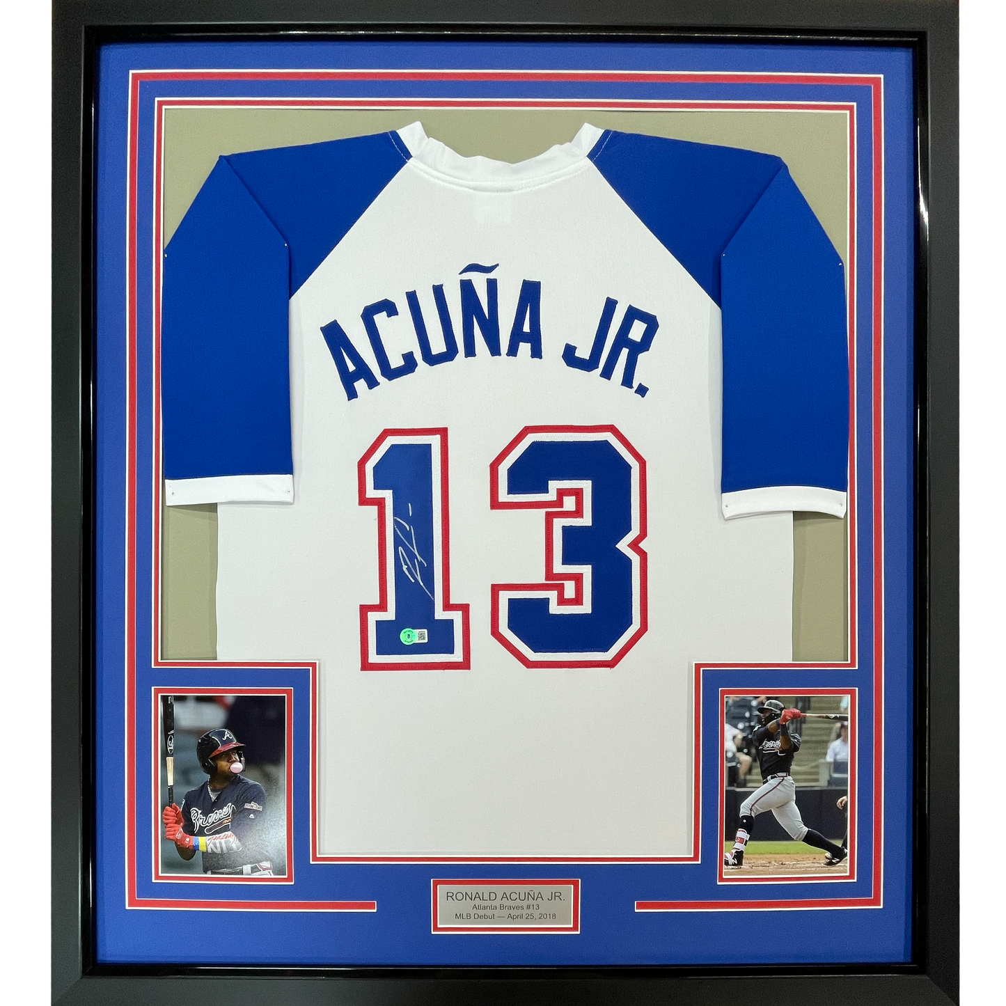 Framed Autographed/Signed Ronald Acuna Jr. 35x39 Atlanta White Retro Baseball Jersey Beckett BAS COA