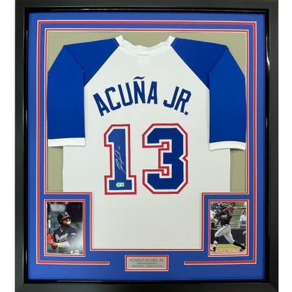 Framed Autographed/Signed Ronald Acuna Jr. 35x39 Atlanta White Retro Baseball Jersey Beckett BAS COA
