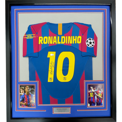 Framed Autographed/Signed Ronaldinho 35x39 FC Barcelona Red/Blue Soccer Futbol Jersey Beckett BAS COA