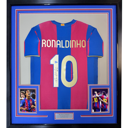 Framed Autographed/Signed Ronaldinho 35x39 Barcelona Blue/Red Soccer Jersey Beckett BAS COA