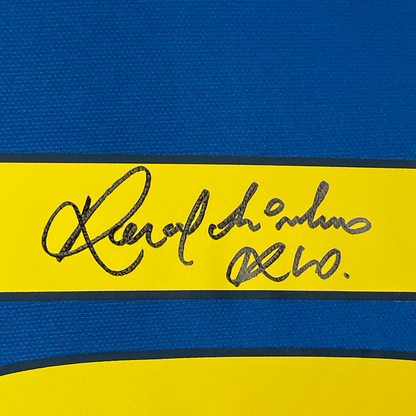 Framed Autographed/Signed Ronaldinho 35x39 FC Barcelona Red/Blue Soccer Futbol Jersey Beckett BAS COA