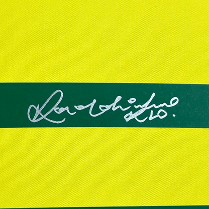 Framed Autographed/Signed Ronaldinho 35x39 Brazil Yellow Soccer Futbol Jersey Beckett BAS COA