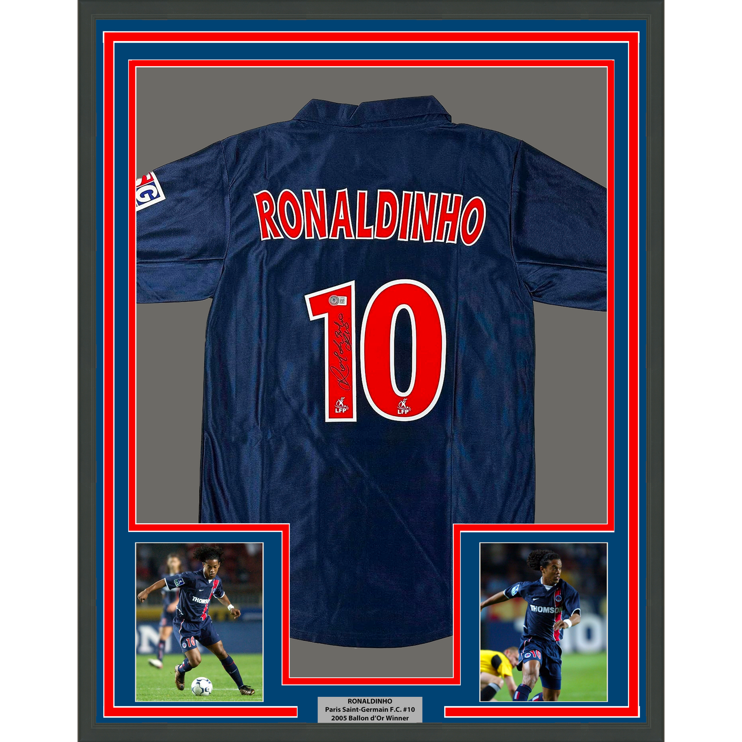 Framed Autographed/Signed Ronaldinho 35x39 PSG Paris Saint Germain Blue Soccer Futbol Jersey Beckett BAS COA