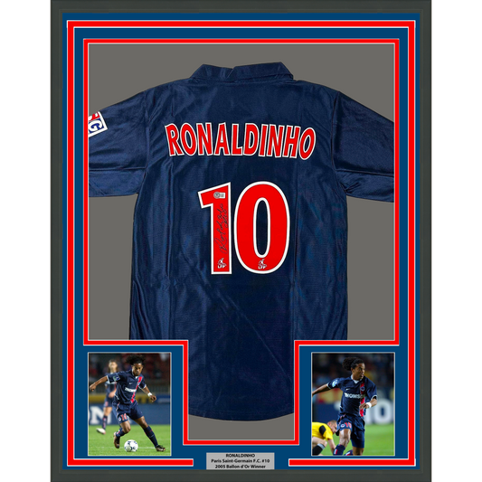 Framed Autographed/Signed Ronaldinho 35x39 PSG Paris Saint Germain Blue Soccer Futbol Jersey Beckett BAS COA