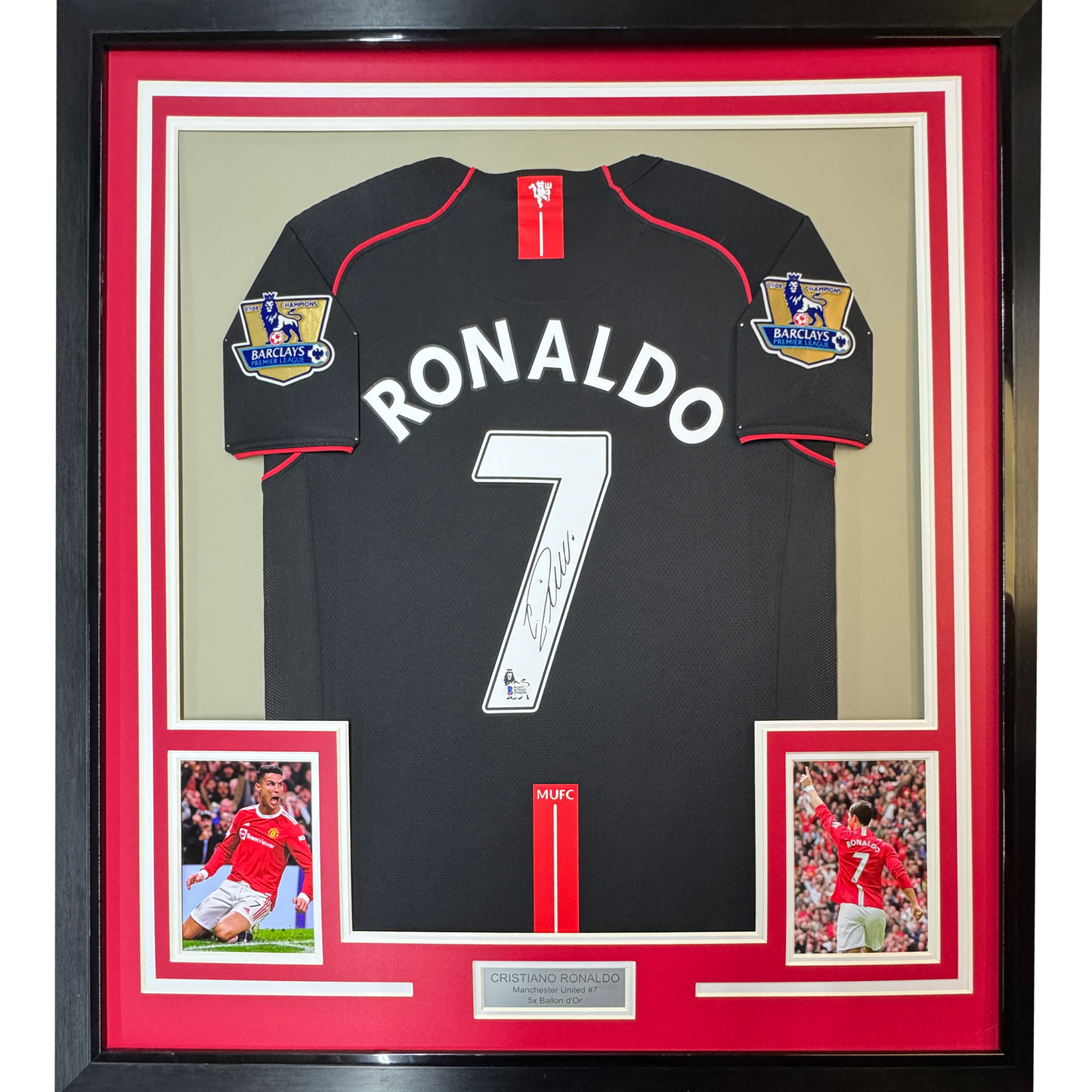 Framed Autographed/Signed Cristiano Ronaldo 35x39 Manchester United Black Soccer Jersey Beckett BAS COA #2