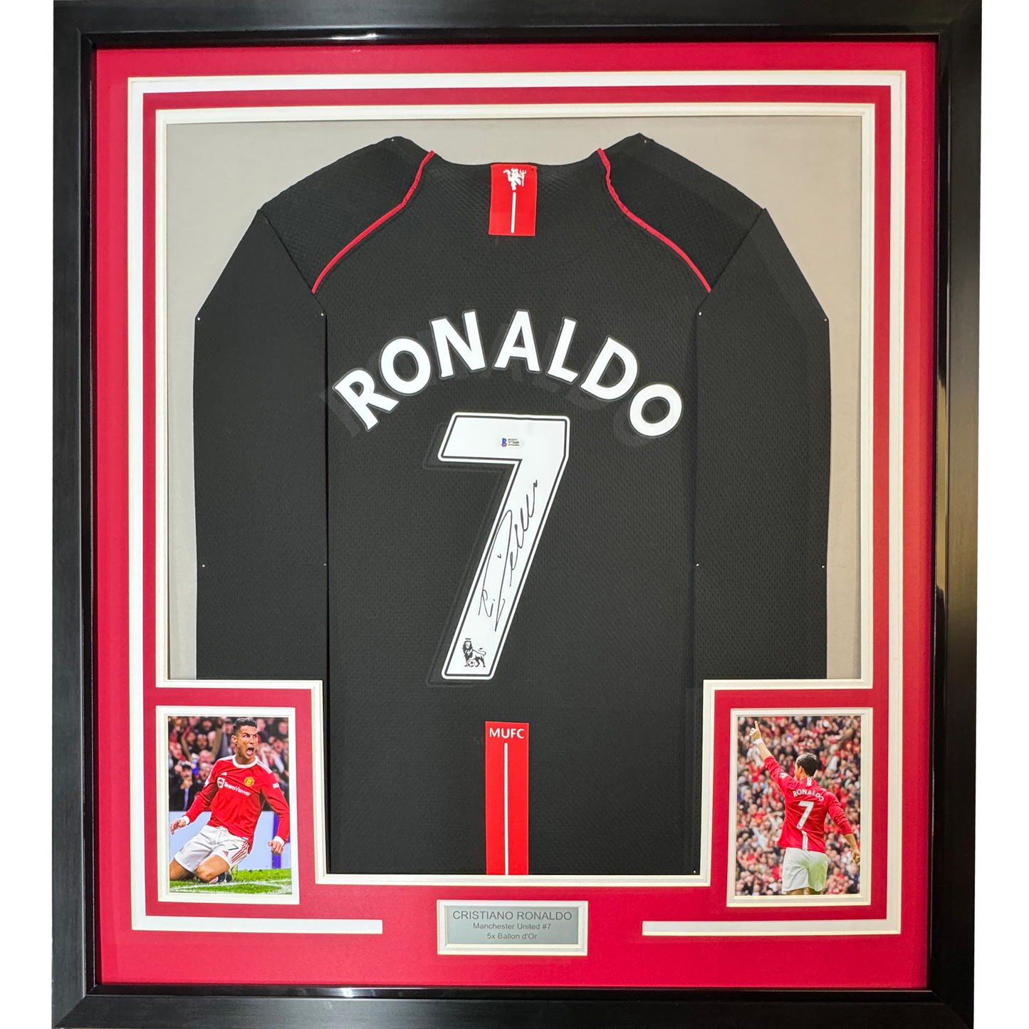 Framed Autographed/Signed Cristiano Ronaldo 35x39 Manchester United Black Soccer Jersey Beckett BAS COA