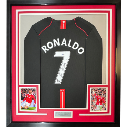 Framed Autographed/Signed Cristiano Ronaldo 35x39 Manchester United Black Soccer Jersey Beckett BAS COA