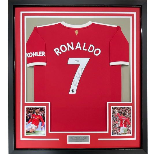Framed Autographed/Signed Cristiano Ronaldo 35x39 Manchester United Red Current Soccer Futbol Jersey Beckett BAS COA/LOA