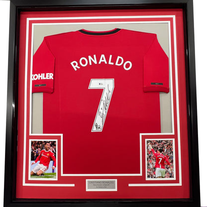 Framed Autographed/Signed Cristiano Ronaldo 35x39 Manchester United Red Soccer Jersey Beckett BAS COA