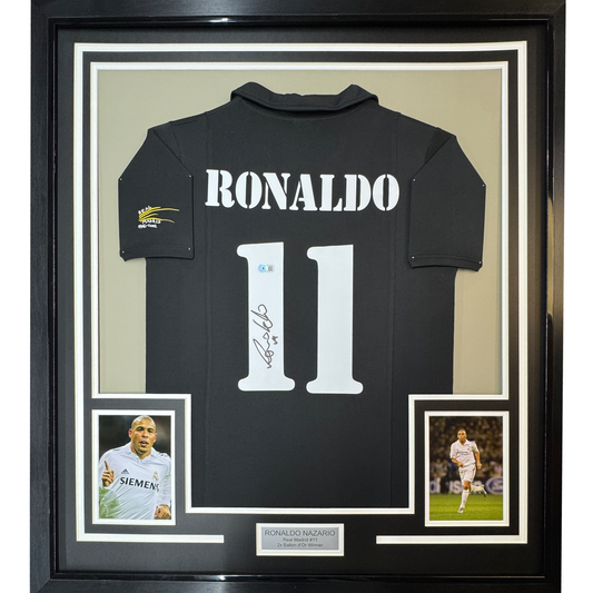 Framed Autographed/Signed Ronaldo Nazario 35x39 Real Madrid Black Soccer Jersey Beckett BAS COA