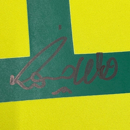Framed Autographed/Signed Ronaldo Nazario 35x39 Brazil Yellow Soccer Jersey Beckett BAS COA