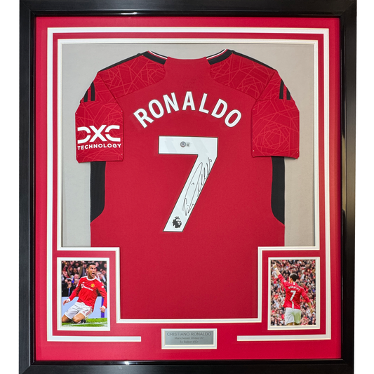 Framed Autographed/Signed Cristiano Ronaldo 35x39 Manchester United Red Soccer Jersey Beckett BAS COA