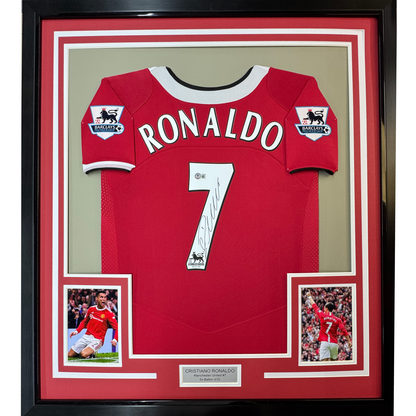 Framed Autographed/Signed Cristiano Ronaldo 35x39 Manchester United Red Soccer Jersey Beckett BAS COA