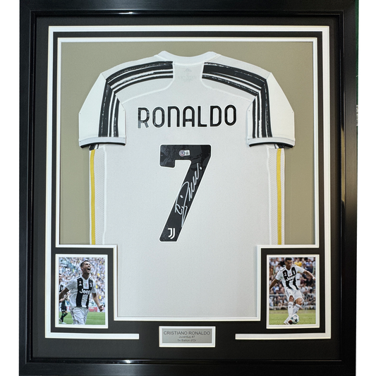 Framed Autographed/Signed Cristiano Ronaldo 35x39 Juventus White Soccer Jersey Beckett BAS COA