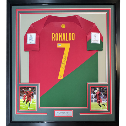 Framed Autographed/Signed Cristiano Ronaldo 35x39 Portugal Red World Cup Soccer Futbol Jersey Beckett BAS COA