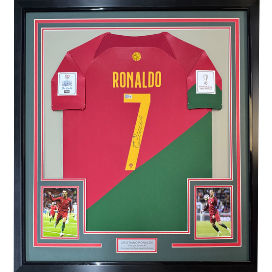 Framed Autographed/Signed Cristiano Ronaldo 35x39 Portugal Red World Cup Soccer Futbol Jersey Beckett BAS COA