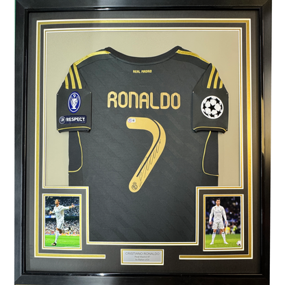 Framed Autographed/Signed Cristiano Ronaldo 35x39 Real Madrid Black Soccer Jersey Beckett BAS COA