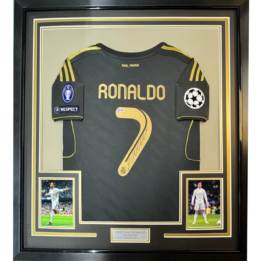 Framed Autographed/Signed Cristiano Ronaldo 35x39 Real Madrid Black Soccer Jersey Beckett BAS COA
