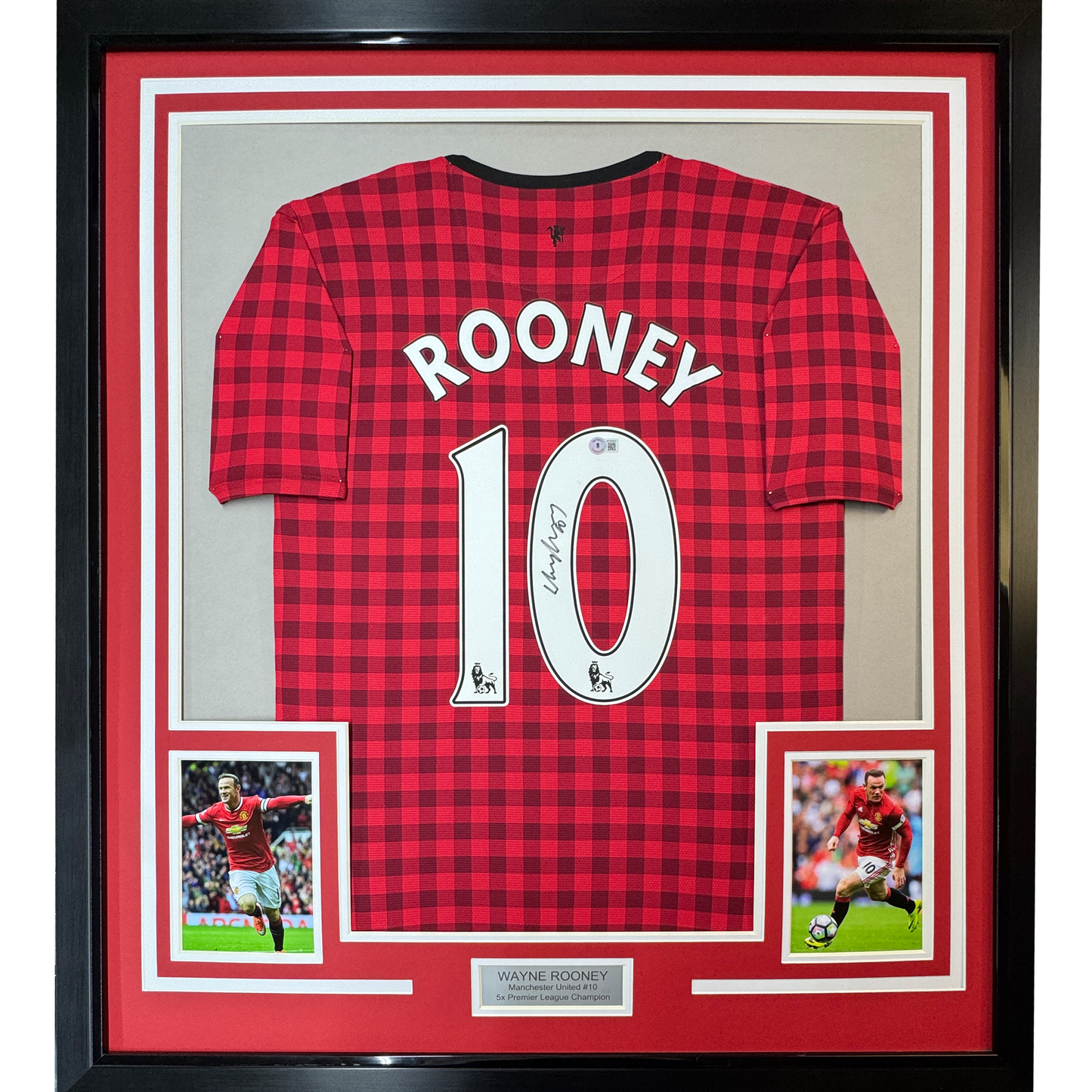 Framed Autographed/Signed Wayne Rooney 35x39 Manchester United Red Checkered Soccer Jersey Beckett BAS COA
