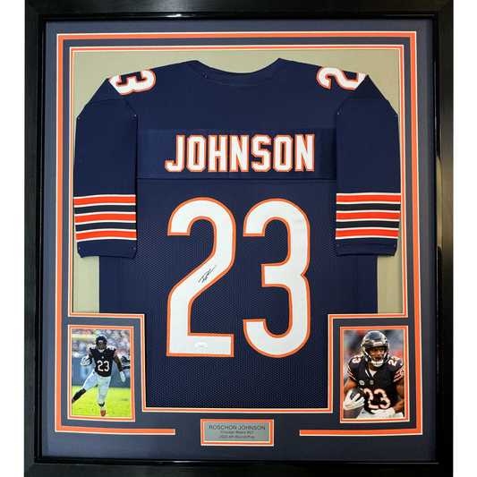 Framed Autographed/Signed Roschon Johnson 35x39 Chicago Blue Football Jersey JSA COA
