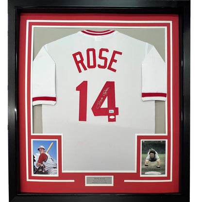 Framed Autographed/Signed Pete Rose 35x39 Cincinnati White Baseball Jersey JSA COA