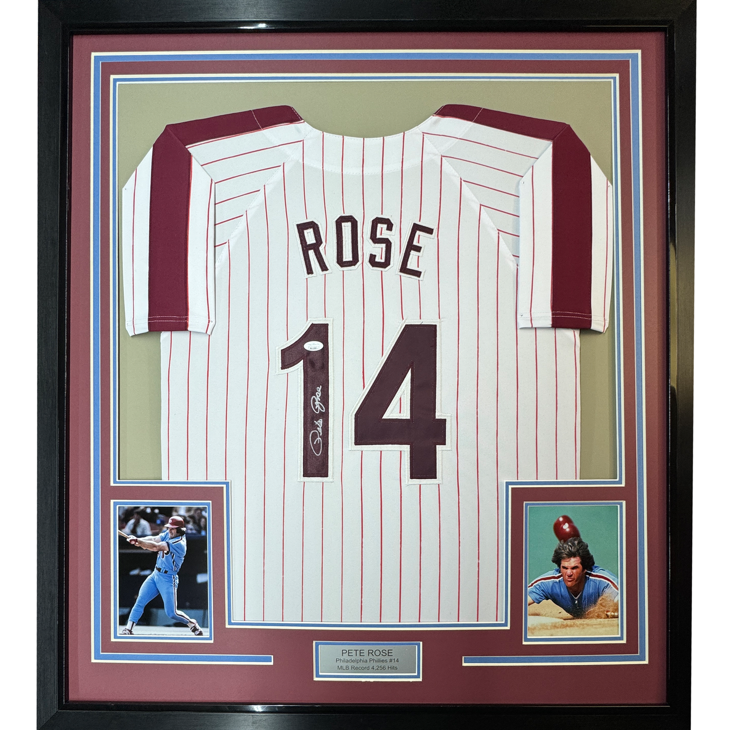 Framed Autographed/Signed Pete Rose Philadelphia 35x39 Pinstripe Baseball Jersey JSA COA