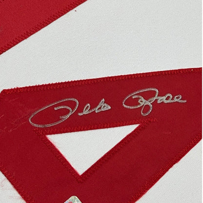 Framed Autographed/Signed Pete Rose 35x39 Cincinnati White Baseball Jersey JSA COA