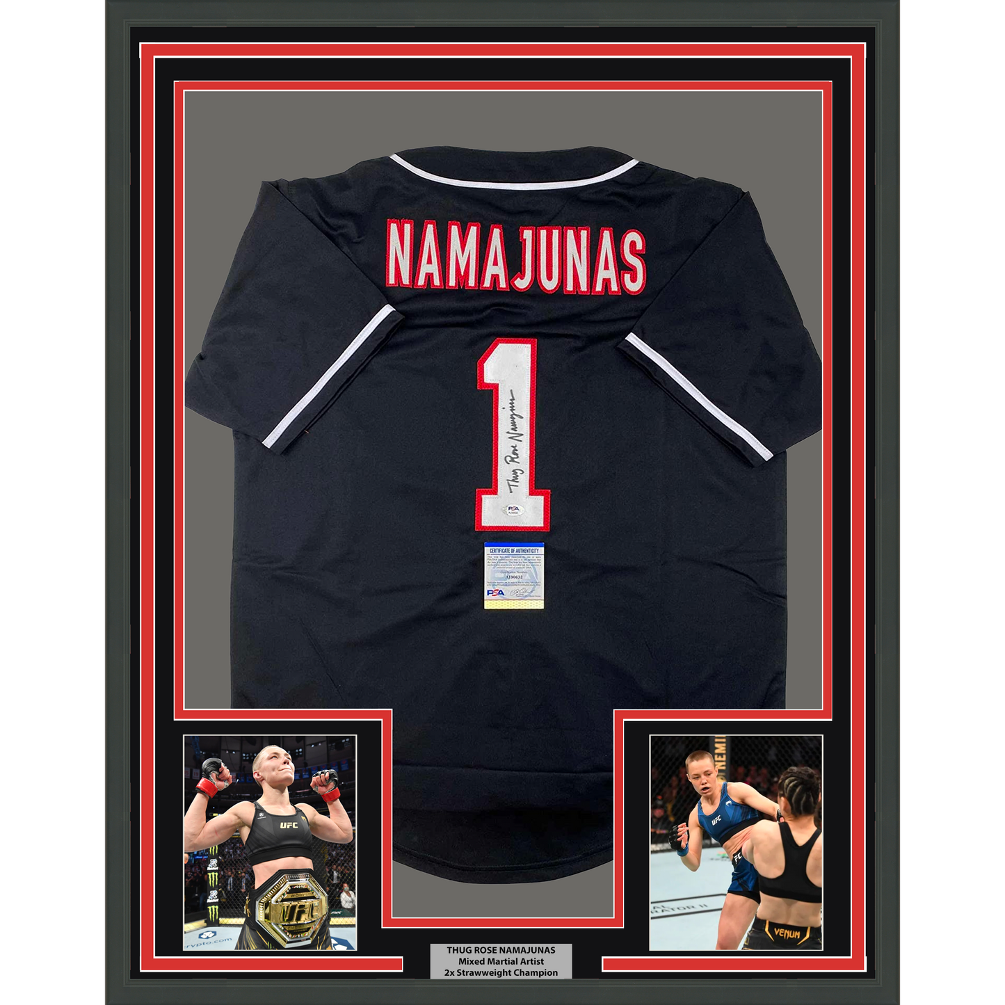Framed Autographed/Signed Thug Rose Namajunas 35x39 UFC MMA Black Ultimate Fighting Jersey Shirt PSA/DNA COA