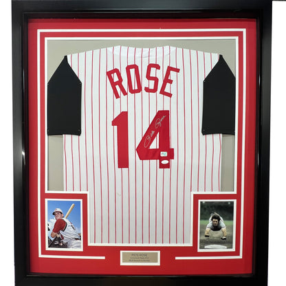 Framed Autographed/Signed Pete Rose 35x39 Cincinnati Pinstripe Baseball Jersey JSA COA
