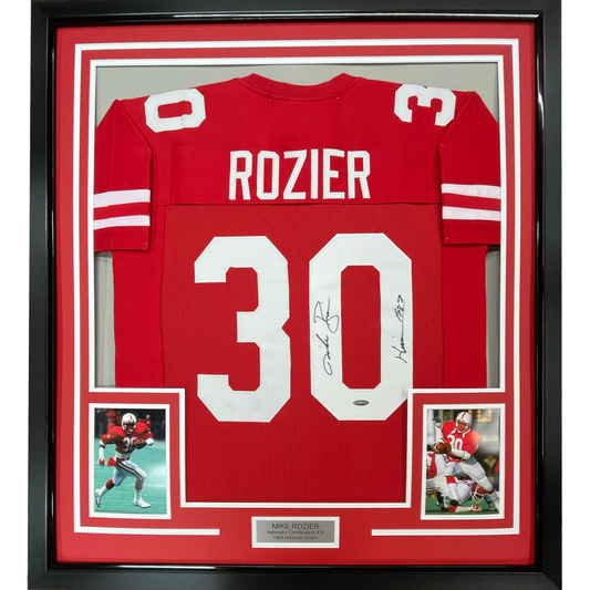 Framed Autographed/Signed Mike Rozier 35x39 Heisman 1983 Nebraska Red College Football Jersey JSA COA