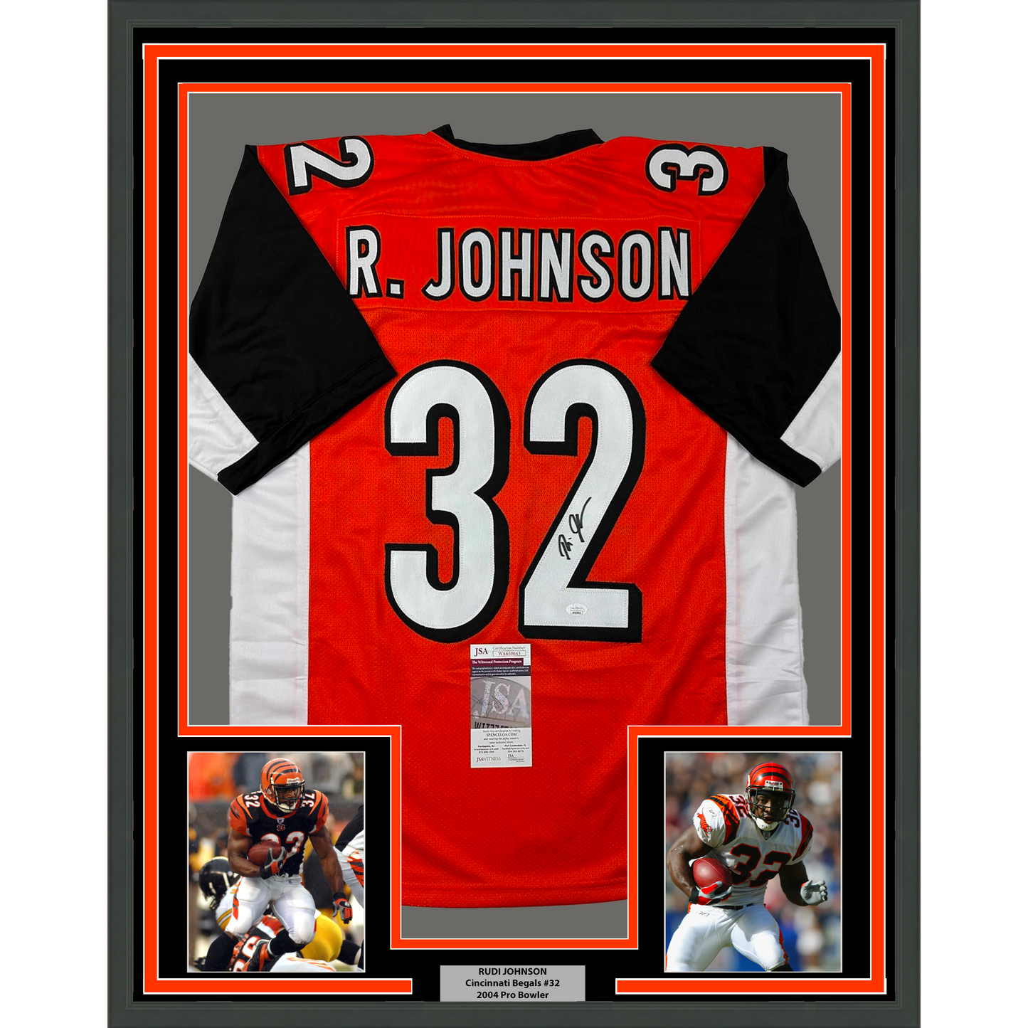 Framed Autographed/Signed Rudi Johnson 35x39 Cincinnati Orange Football Jersey JSA COA