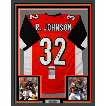 Framed Autographed/Signed Rudi Johnson 35x39 Cincinnati Orange Football Jersey JSA COA